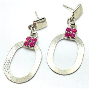 Rectangle Hoop Earrings Pink Rhinestones Silver Tone Pierced Modernist Retro